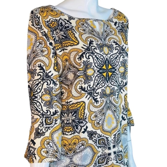 4/$24 Charter Club Mosaic Print Key Hole Yellow Black and‎ White Blouse - Picture 4 of 9
